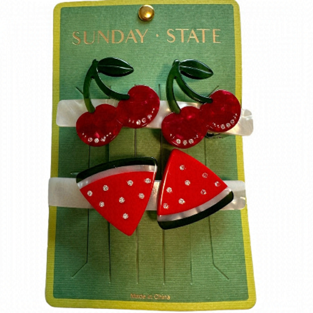 NWT Sunday State Fruit Hair Clips Set Cherry Watermelon Bling Red Rhinestone 2pk